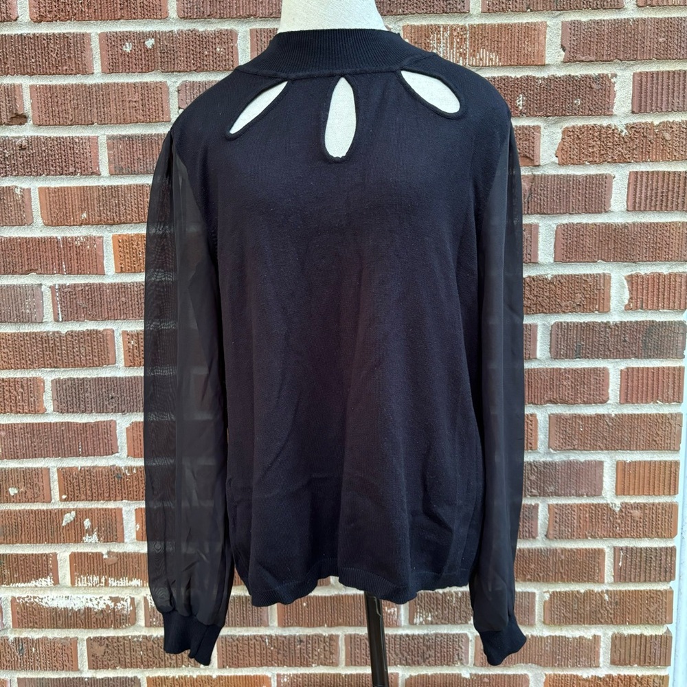 Allegra Gold Front Key holes Sheer long sleeves Black Pullover Sweater Size L